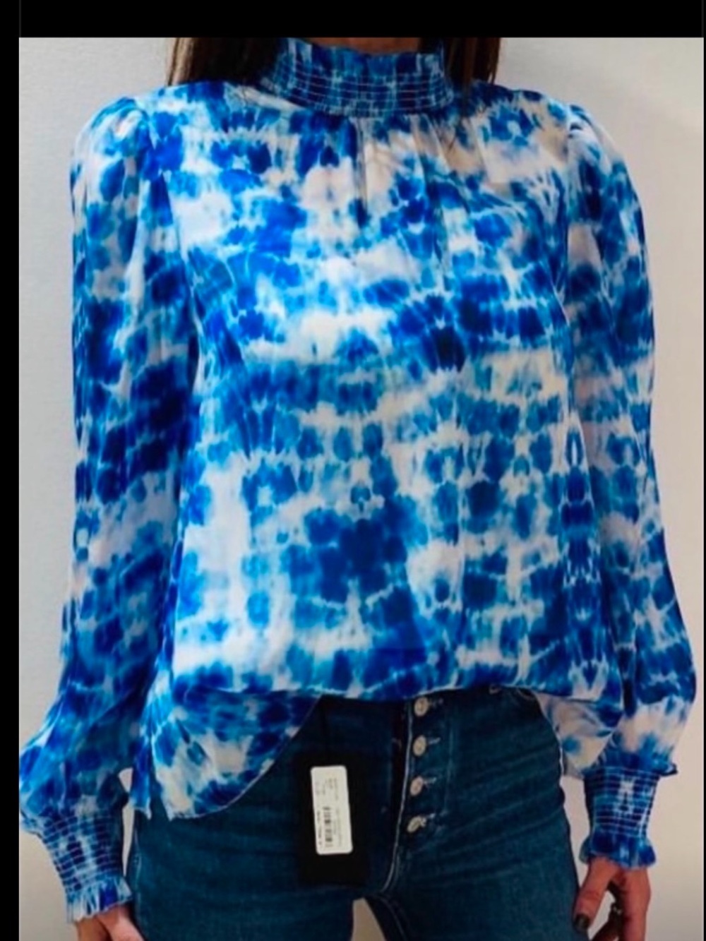 Cami NYC Blue and White Tie-Dye Smocked-Neck Blouse